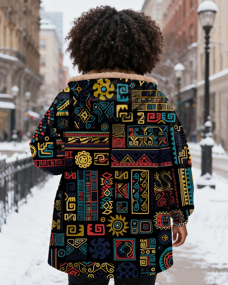 Modern Abstract African Art Long Sleeve Zip Wool Long Coat