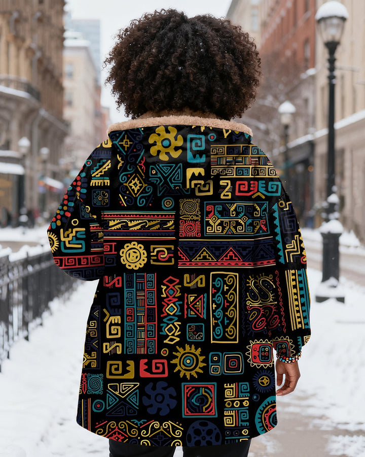 Modern Abstract African Art Long Sleeve Zip Wool Long Coat