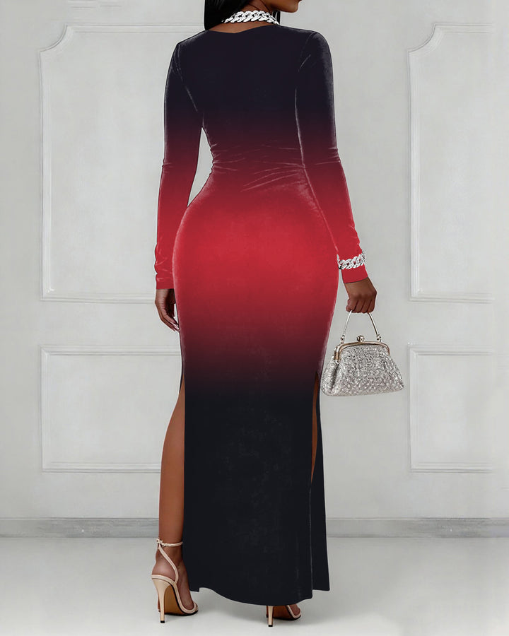 V-neck Women's Party Wear Gradient Colors Long Sleeve Bodycon Dress
