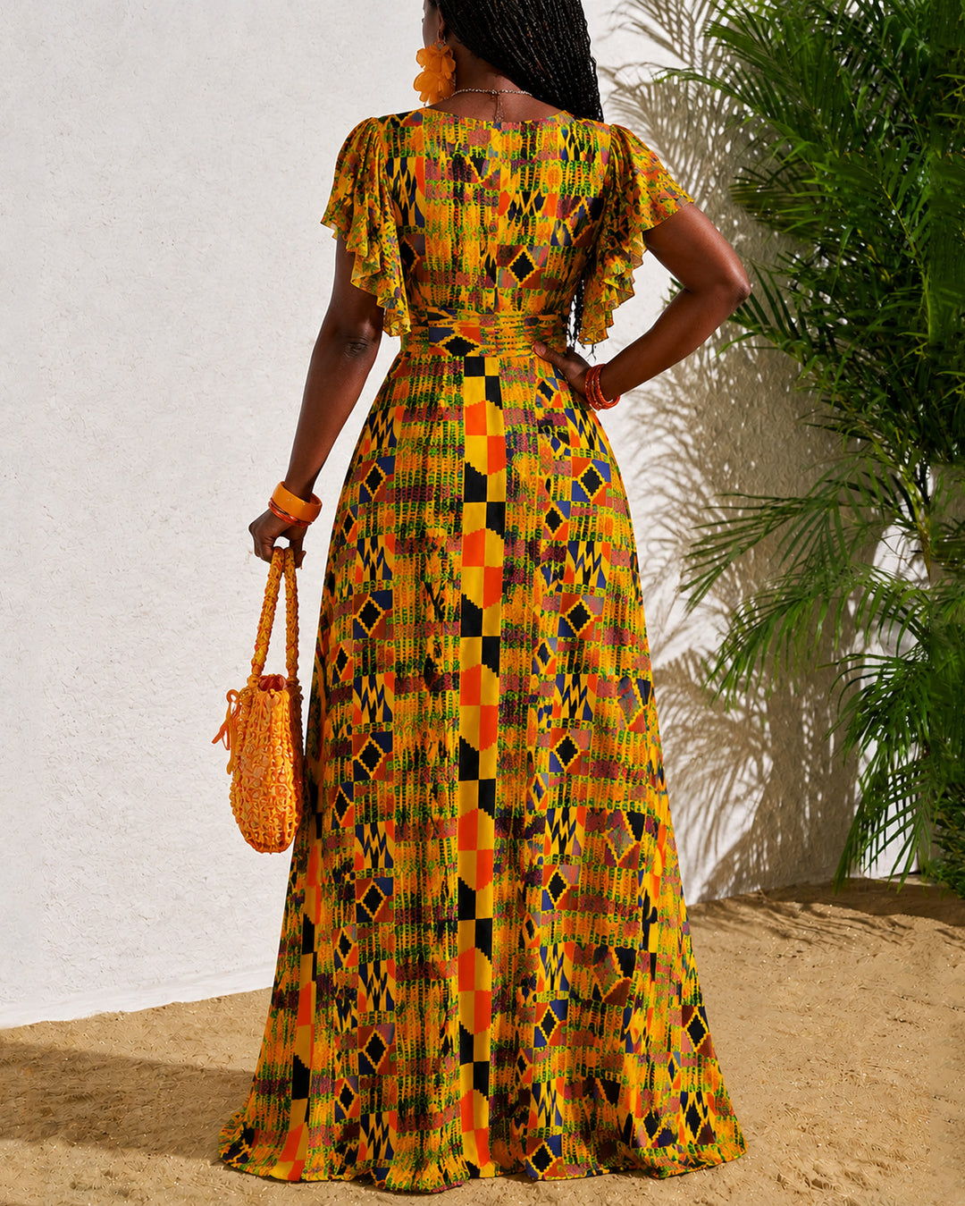 Classic Ankara Color Blocking V-Neck Lace Trim Flared Sleeve Full Swing Maxi Dress
