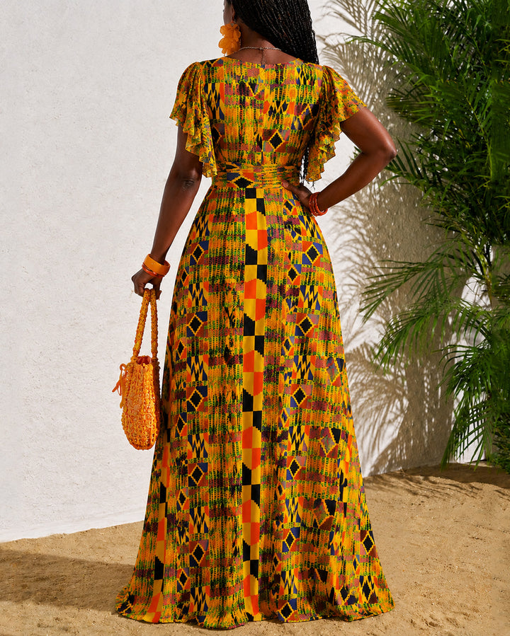 Classic Ankara Color Blocking V-Neck Lace Trim Flared Sleeve Full Swing Maxi Dress