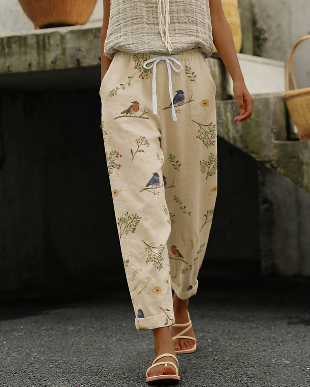 Floral and Bird Print Design Cotton and Linen Casual Pants