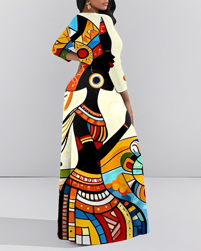 Crew Neck Abstract African Painting Long Sleeve Pockets Maxi Dress