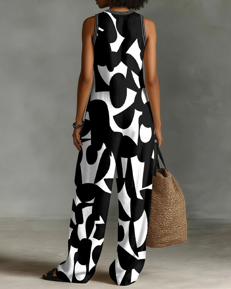 Geometric Print Linen Blend Sleeveless Jumpsuit With Zipper And Stand Collar