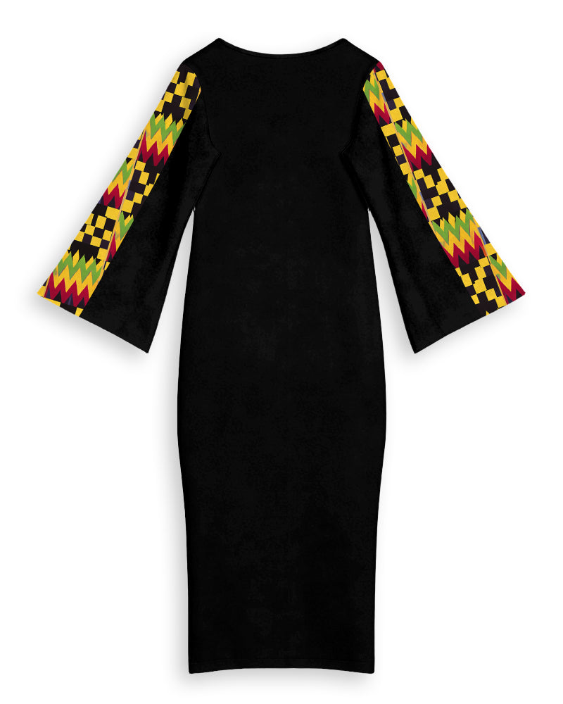 Ankara African American Culture Print Patchwork Round Neck Bell Sleeve Bodycon Long Dress