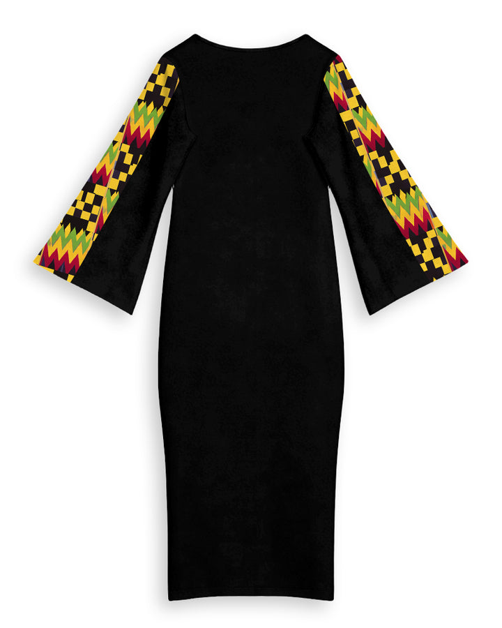 Ankara African American Culture Print Patchwork Round Neck Bell Sleeve Bodycon Long Dress