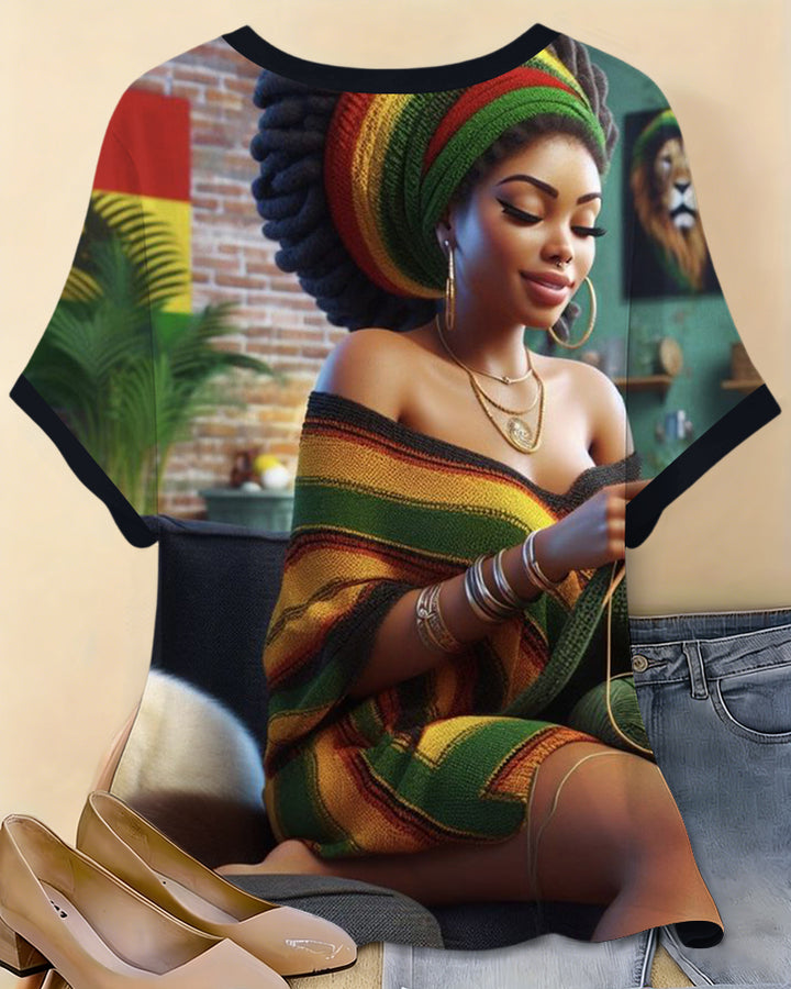Round Neck Elegant Reggae Colors Mom Loose Short Sleeve Blouses