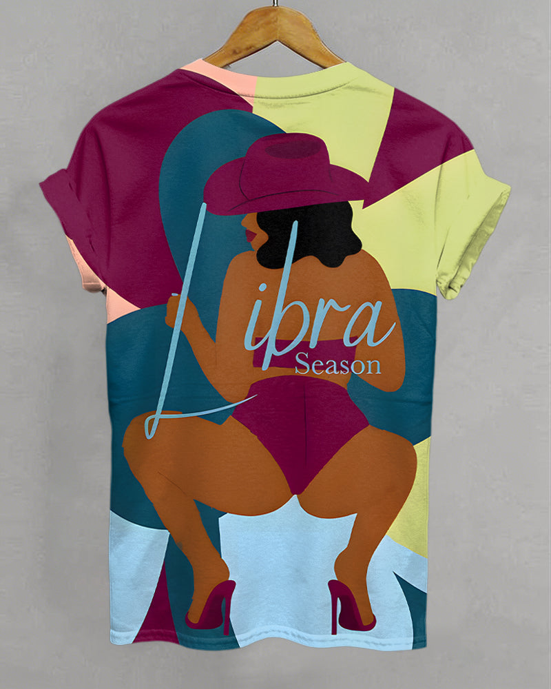 Libra Cartoon Illustrations Print Crew Neck Short Sleeve Tshirt