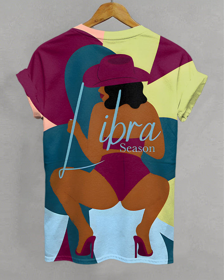 Libra Cartoon Illustrations Print Crew Neck Short Sleeve Tshirt
