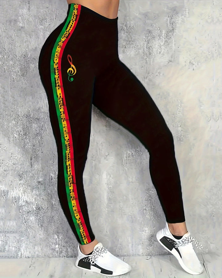 Reggae Musical Symbols Print High-waisted Fitted Stretchy Leggings