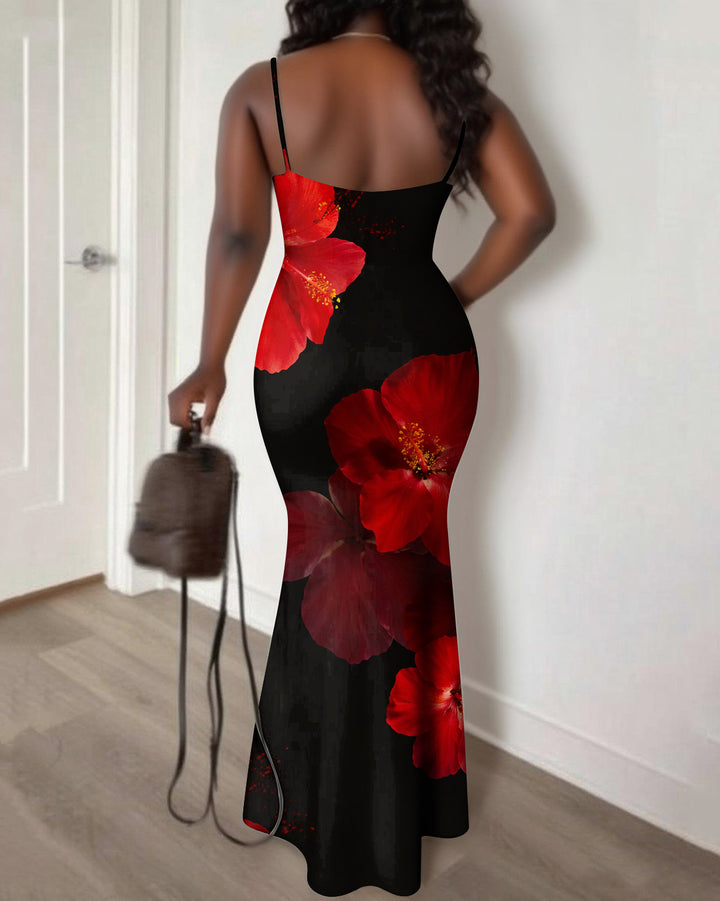 Hawaiian Red Flowers Print Spaghetti Strap Bodycon Maxi Dress