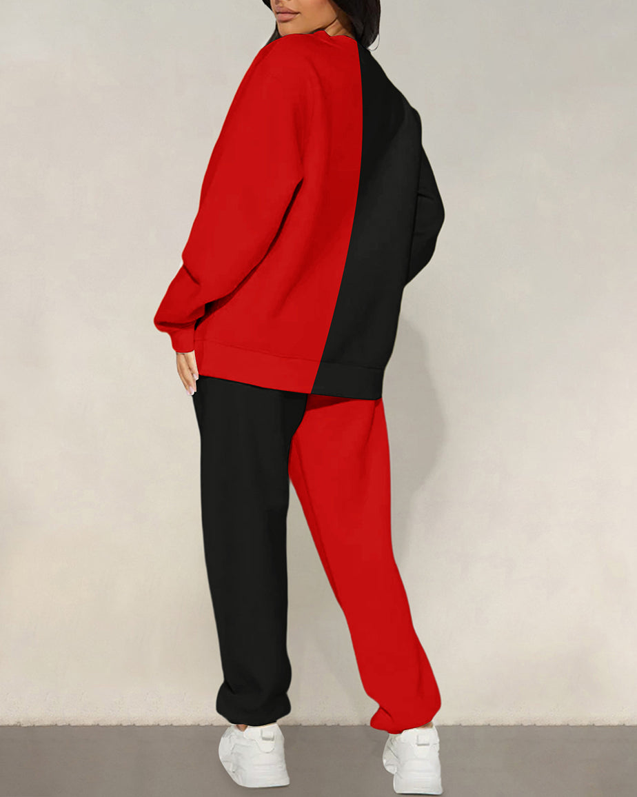 Contrasting Watercolor Lips Crew Neck Sweatshirt Two Pieces Set