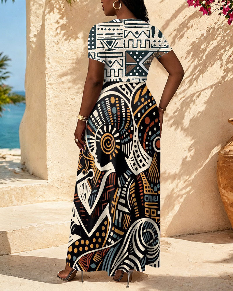 African Abstract Art Print High-waisted Long Dress