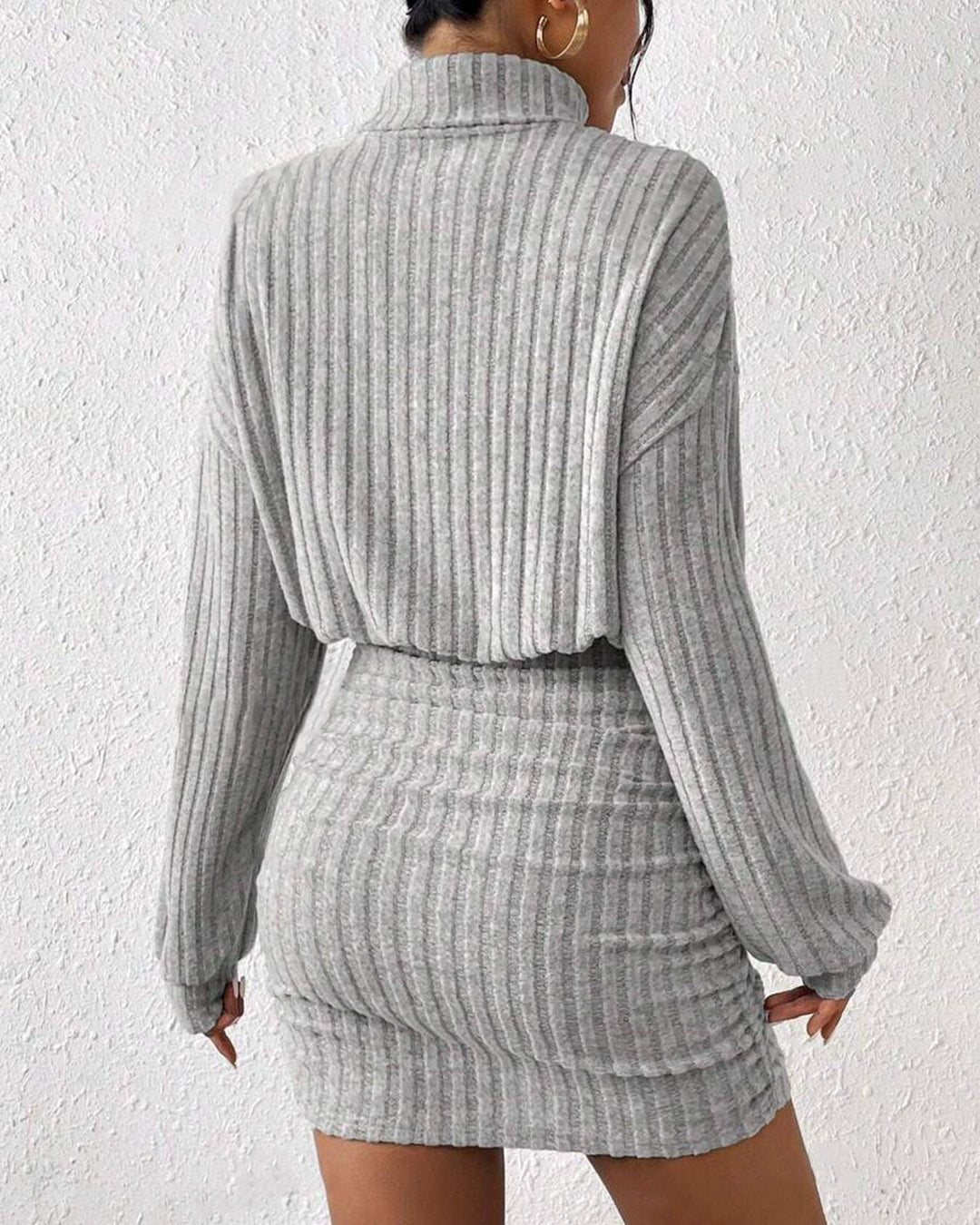 Women's Turtleneck Ribbed Knit Long Sleeve Ruched Mini Dress