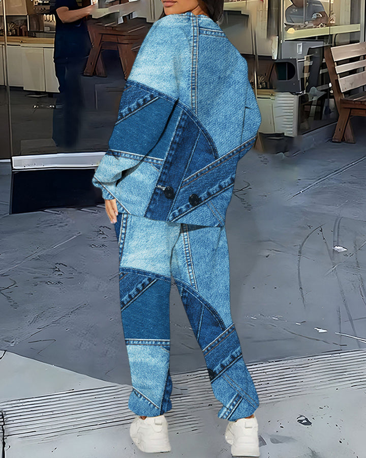 New York Denim Patch Print Crew Neck Sweatshirt Two Pieces Set