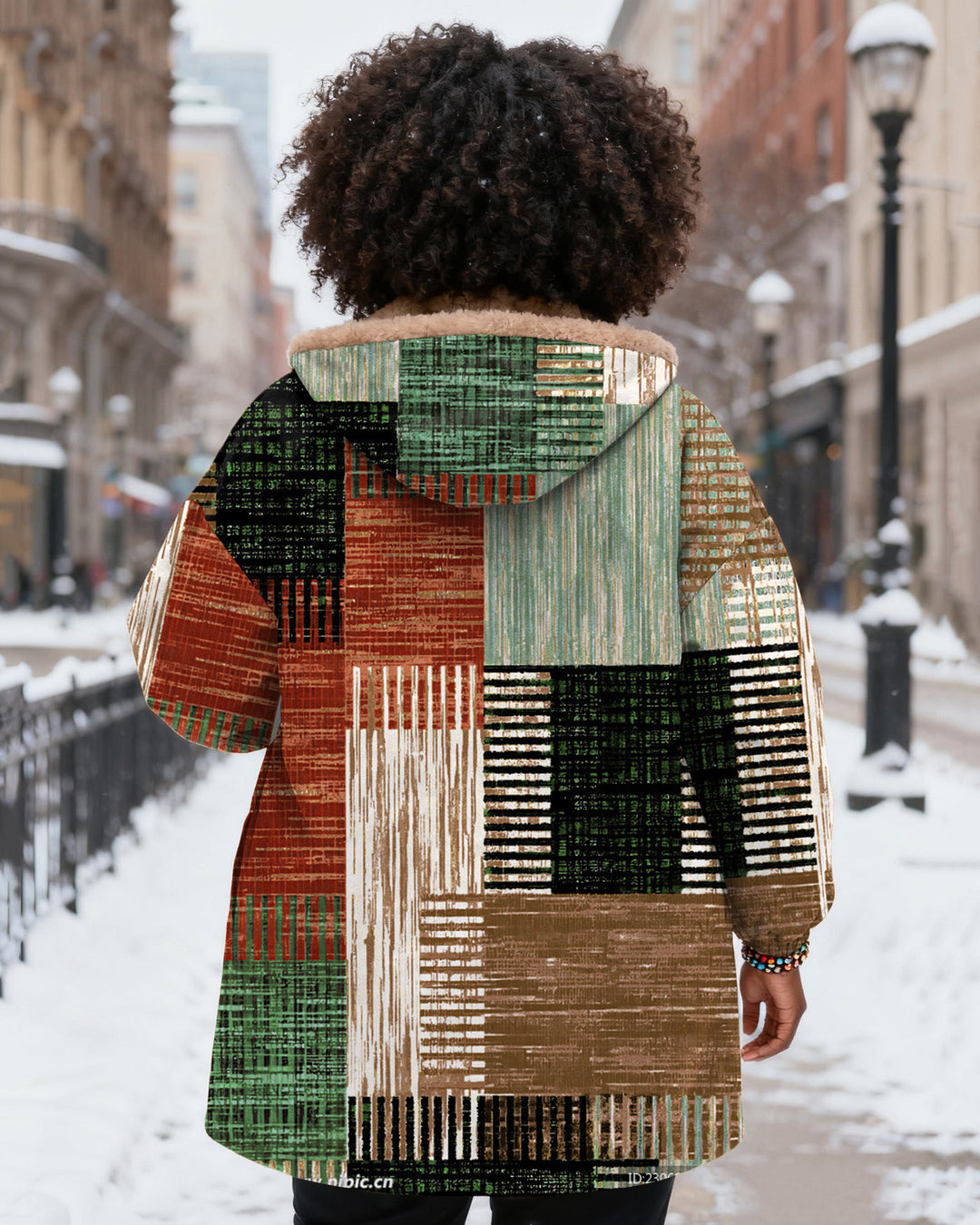 Color-blocked Plaid Print Long Sleeve Zip-Up Fleece Long Hoodies