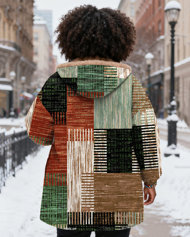 Color-blocked Plaid Print Long Sleeve Zip-Up Fleece Long Hoodies