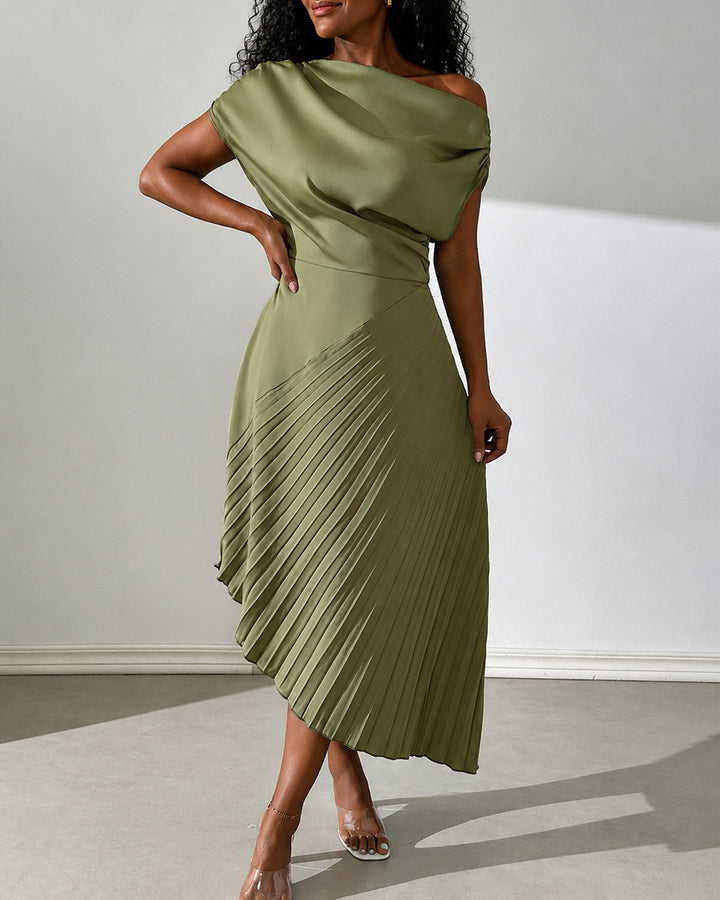 Women's Elegant Open Shoulder Dress With Pleated Panel Maxi Satin Women Outfit