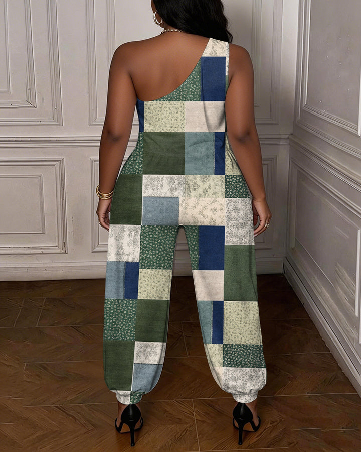 Fun Floral Color Blocking Geometric Pattern Printing One-shoulder Jumpsuit