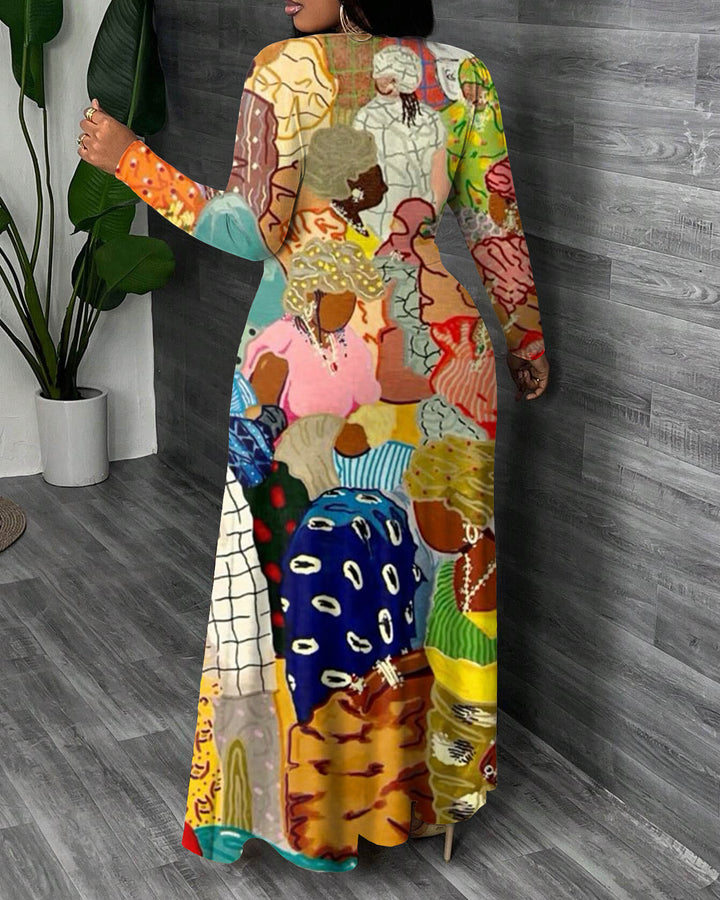 Color Illustrations of Black Women Crewneck Long Sleeve Pocket Dress