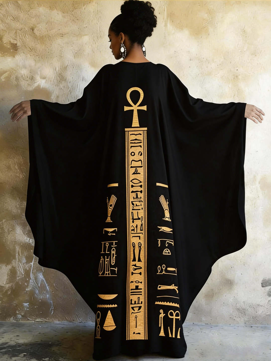 Ankh Golden Ancient Egyptian Art V-neck Long Kaftan Dress