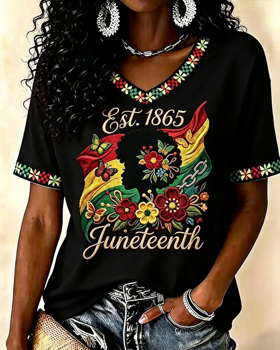 Juneteenth History Culture Print V-neck Short Sleeve Tshirt