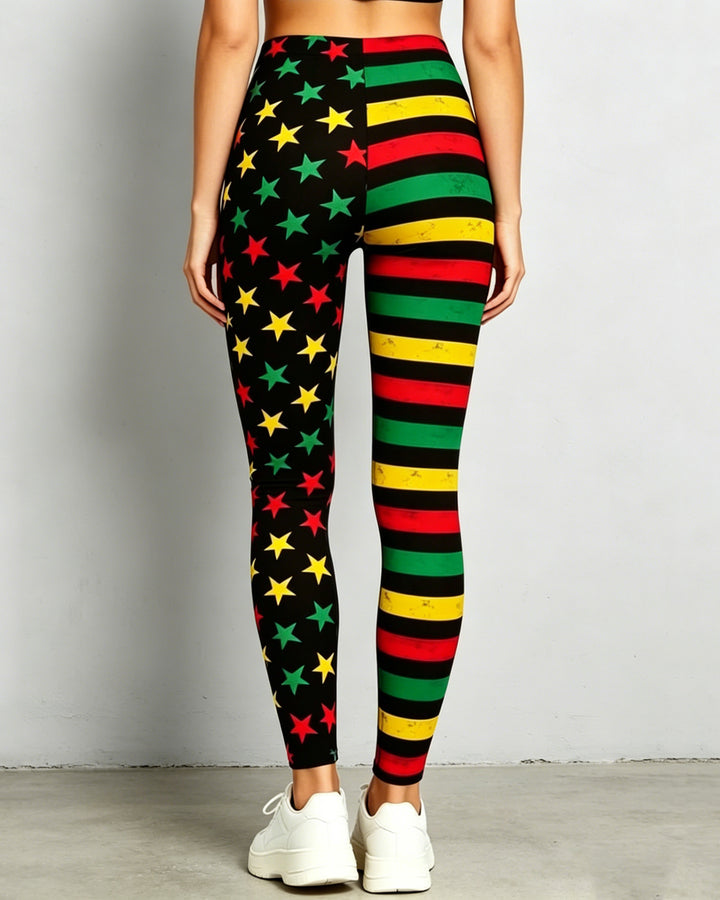 Reggae Star Stripe Patchwork High-waisted Fitted Stretchy Leggings