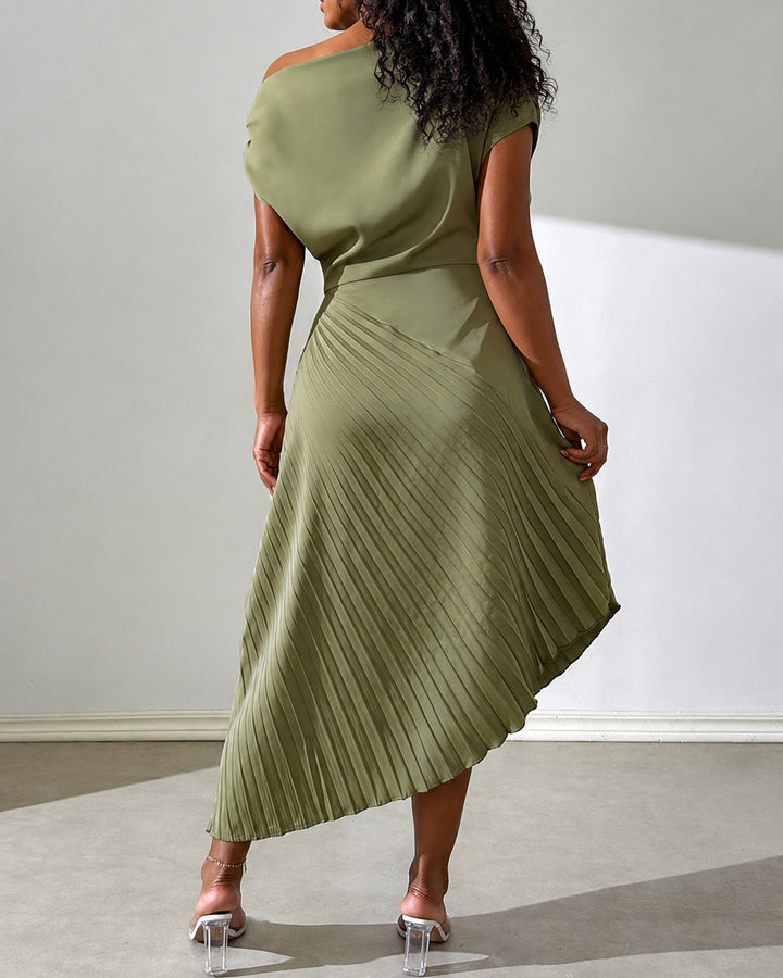 Women's Elegant Open Shoulder Dress With Pleated Panel Maxi Satin Women Outfit