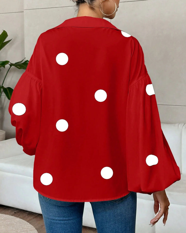 Collared V‑Neck Balloon Long Sleeve Blouse