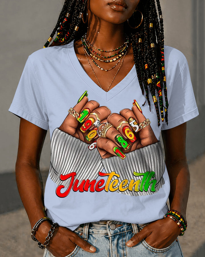 100% Cotton Juneteenth Fun Nail Art Finger Prints V Neck Short Sleeve Tshirt