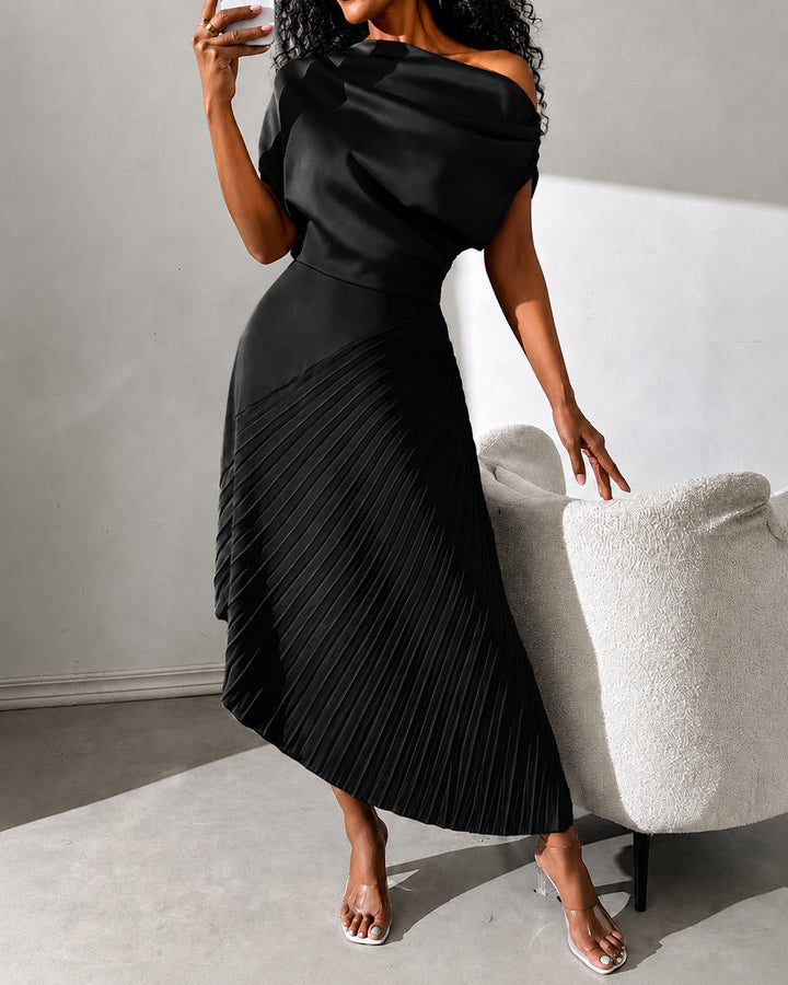 Women's Elegant Open Shoulder Dress With Pleated Panel Maxi Satin Women Outfit