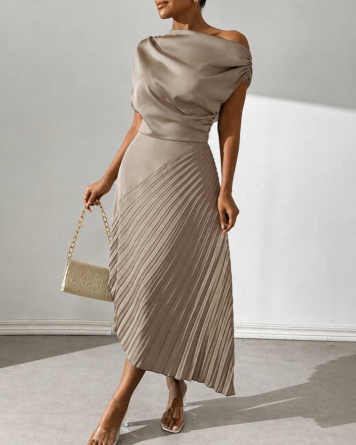 Women's Elegant Open Shoulder Dress With Pleated Panel Maxi Satin Women Outfit