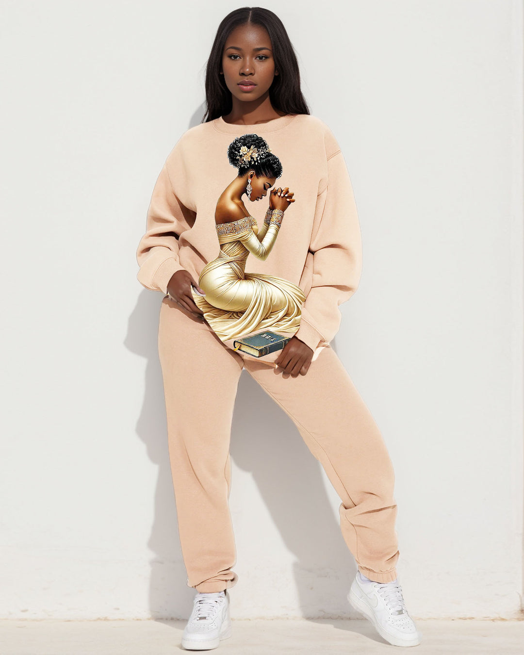 Women's Faith Black Girl Prayer Print Crewneck Long Sleeve Sweatshirts Pants Suit