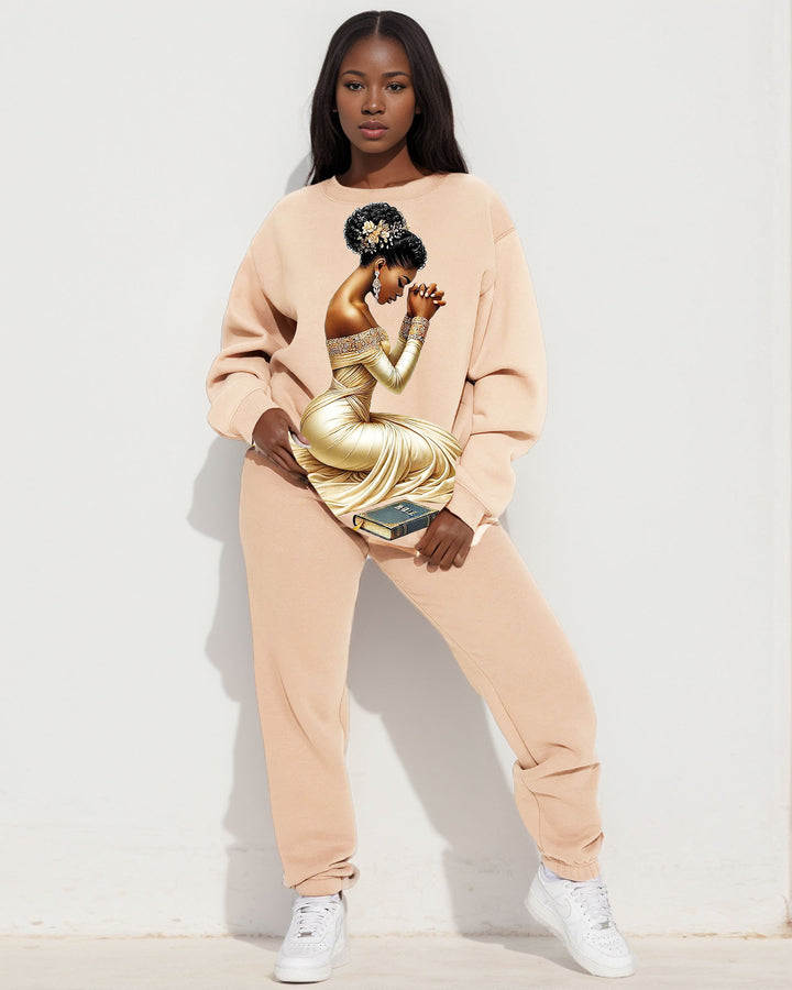 Women's Faith Black Girl Prayer Print Crewneck Long Sleeve Sweatshirts Pants Suit