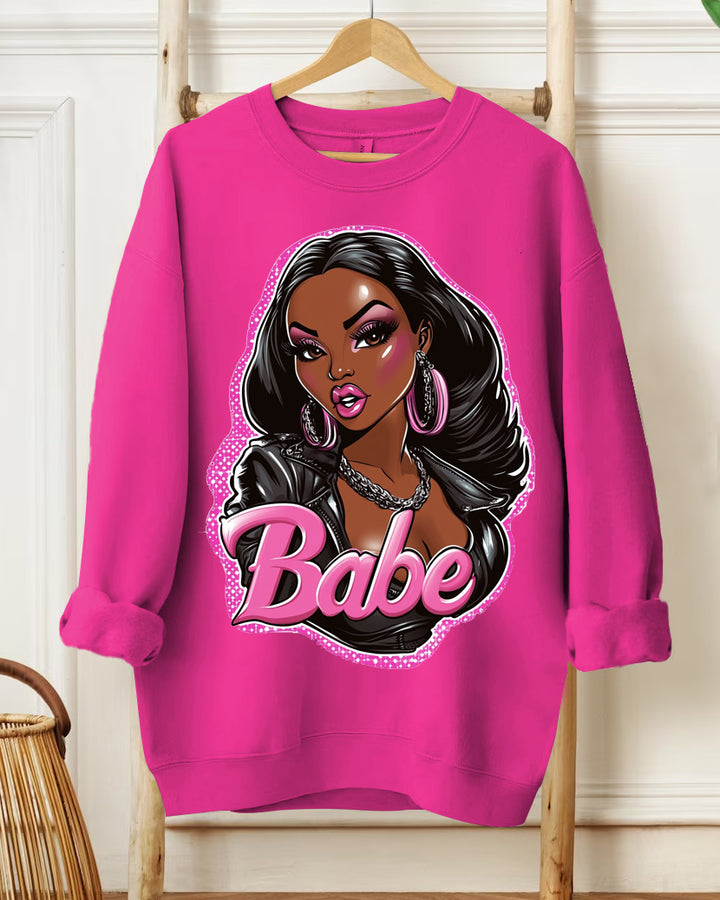 Fashion Doll Print Round Neck Long Sleeve Casual Sweatshirt