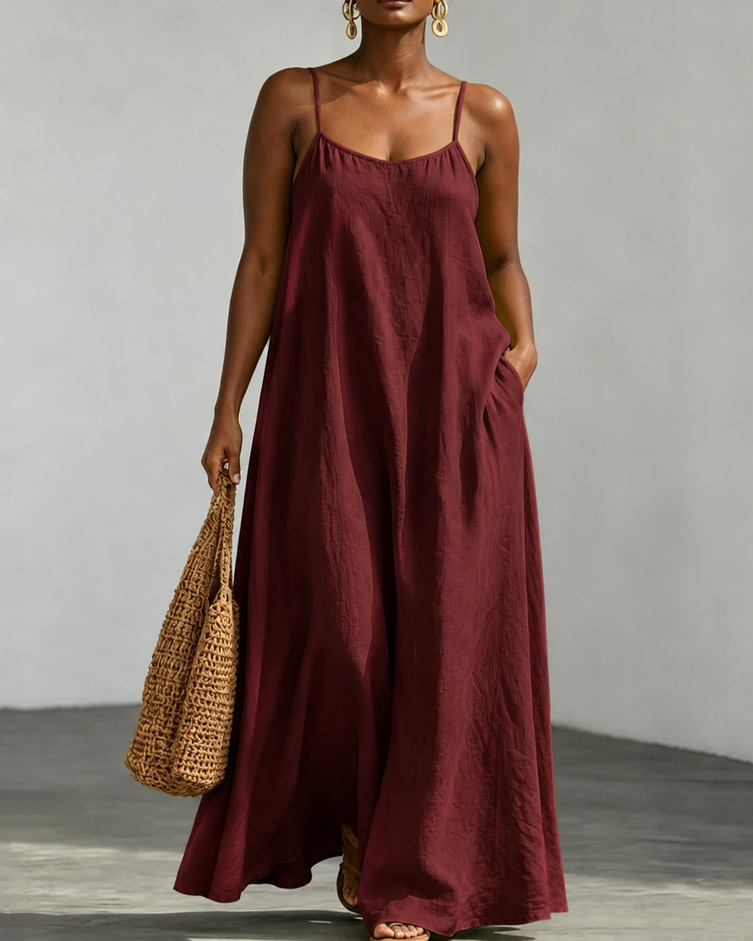 Solid Color Linen Cotton Cami Maxi Dress With Pockets