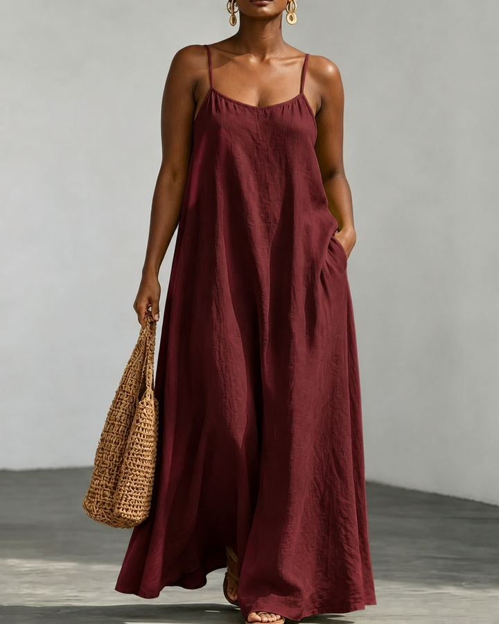 Solid Color Linen Cotton Cami Maxi Dress With Pockets