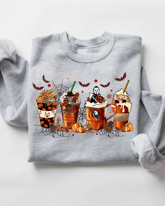 Halloween Skeleton Coffee Cups Cotton Long Sleeve Sweatshirt