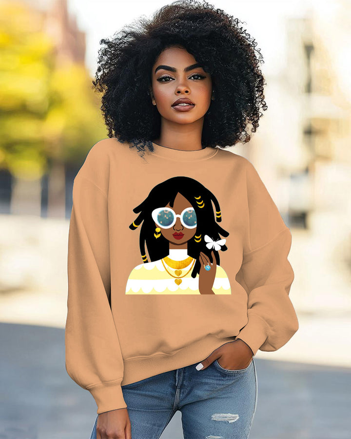 Fashionable long-Sleeved Sweatshirt With Black Girl Illustration Portrait Print