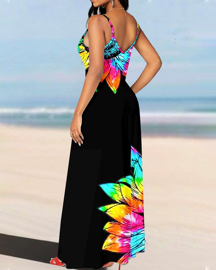 Vacation Style Gradient Color Flower Print Suspender Casual Long Dress