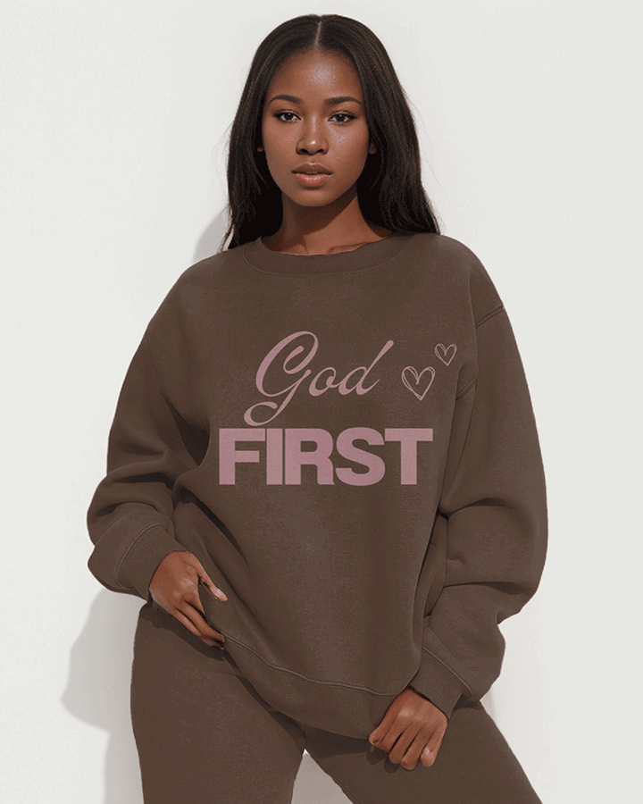 Colorblock God First Print Long Sleeve Sweatshirt Two Pieces Set