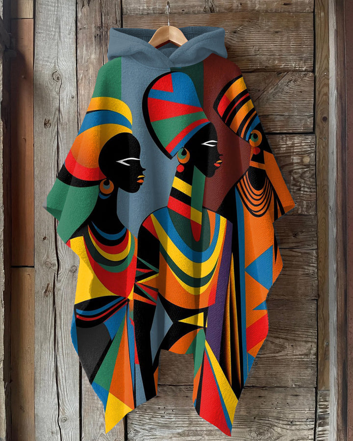 African Tribal Illustrations Hooded Warm Shawl Cape