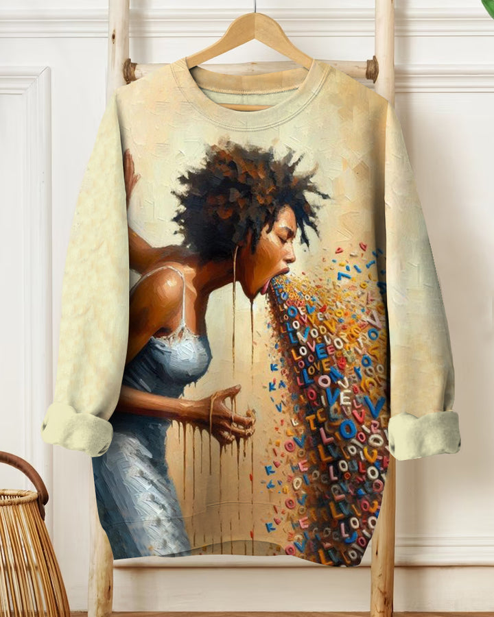Keep Loving Girl Illustration Crewneck Long Sleeve Sweatshirt