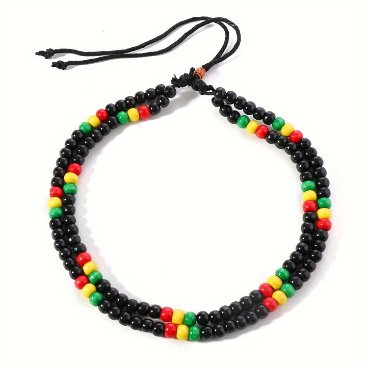 Set of 2 Bohemian Necklaces And Bracelets Featuring Vibrant, Multi-Colored Wooden Beads in Red, Yellow, And Green