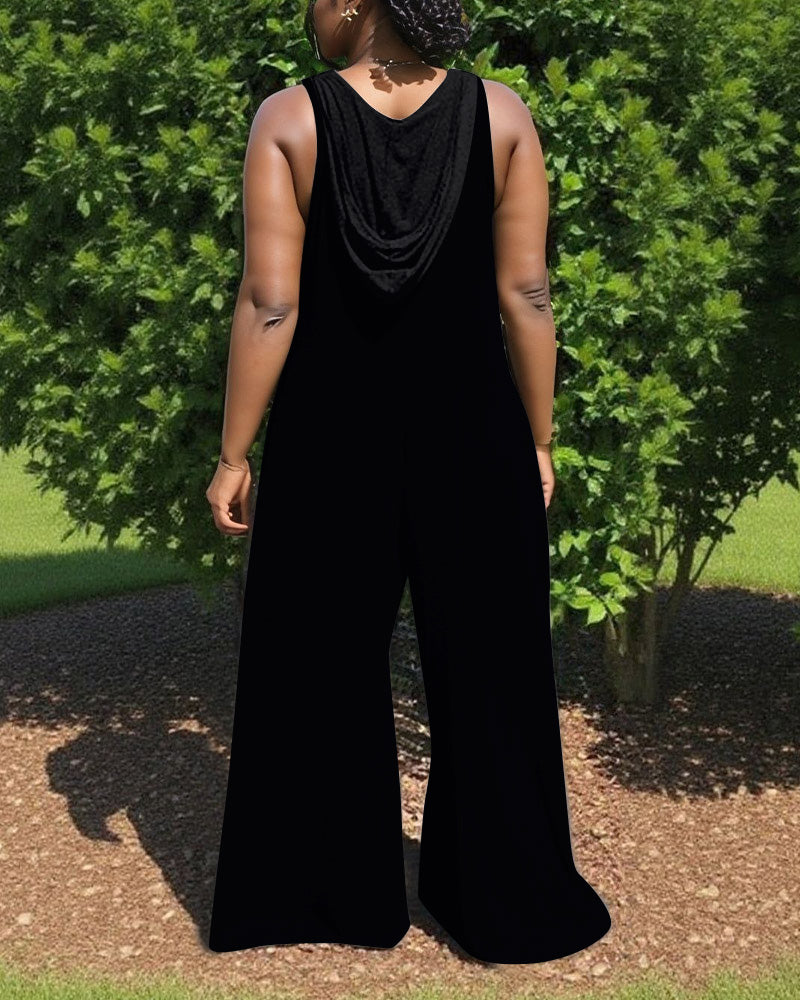 Afro Woman Print V-Neck Hooded Sleeveless Jumpsuit