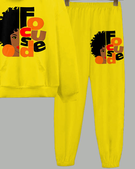 Focused Black Woman Print Long Sleeve Hoodie Two Pieces Set
