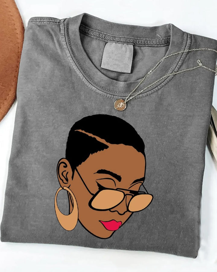 Black Woman With Glasses Washed Cotton Crew Neck Loose Short Sleeve Tshirt