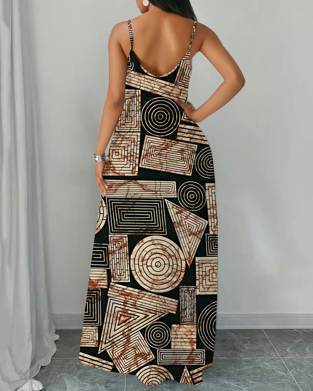 Sling African Geometric Print Pocket Maxi Dress