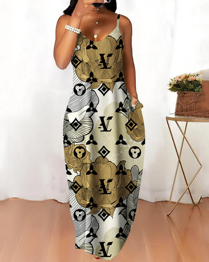 Sling Multicolor Flower Texture Pocket Maxi Dress