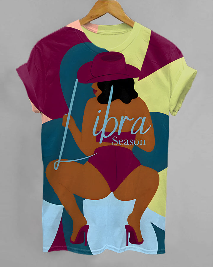Libra Cartoon Illustrations Print Crew Neck Short Sleeve Tshirt